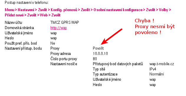 Příklad chybného návodu v barvách T-mobile