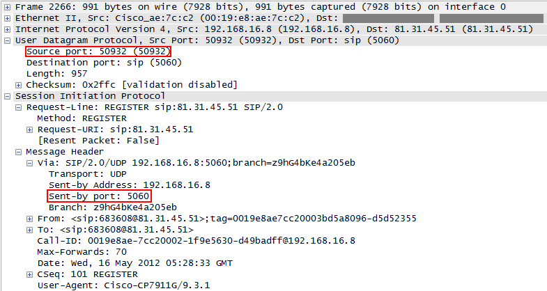 Cisco zasílá požadavek REGISTER z náhodně vygenerovaného portu 50932. V SIP hlavičce však uvádí Sent-by port: 5060, tedy port, kde očekává odpověď.