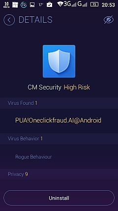 Virus PUA!Oneclickfraud.al@Android který se dostal do mobilu po aktualizaci CM SECURITY ( krade SMS/ odesílá SMS bez vědomí uživatele ? )