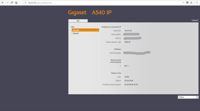 Screenshot z intranetové adresy telefonu IP:10.0.0.30