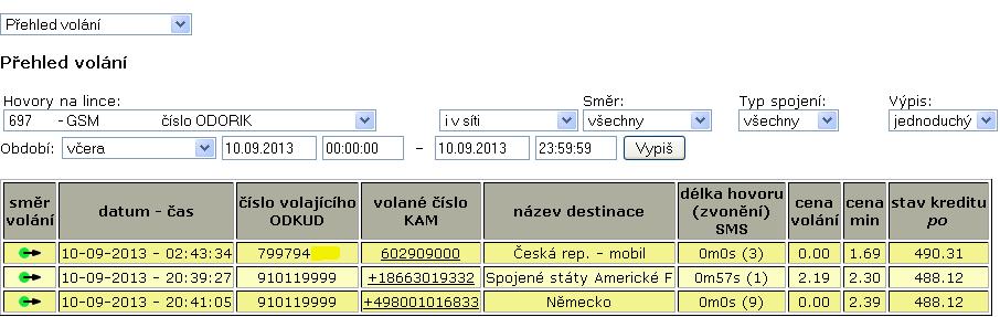 Výpis hovorů z 10.září 2013 na zahraniční čísla